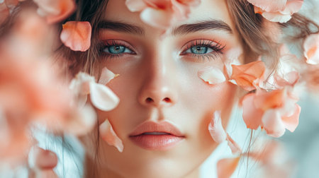 A captivating portrait of a woman with flower petals around her face, showcasing natural beauty and serenity in soft lighting and vibrant colors.の素材