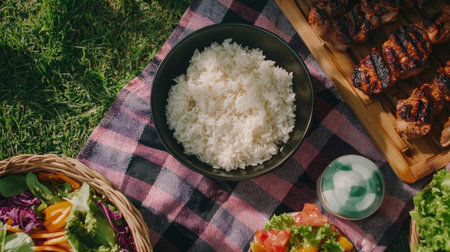 Enjoy a vibrant summer picnic showcasing fresh rice, salads, and grilled vegetables. Perfect for outdoor gatherings with friends and family.の素材