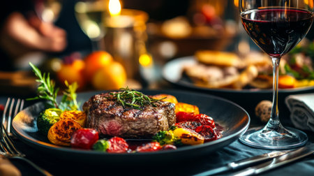 A delightful gourmet steak dinner served with vibrant vegetables and a glass of red wine, creating a warm and inviting dining atmosphere. Perfect for special occasions.の素材