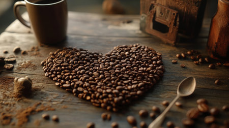 A charming display of heart-shaped coffee beans on a rustic wooden surface, evoking warmth and love for coffee culture. Perfect for food lovers.の素材