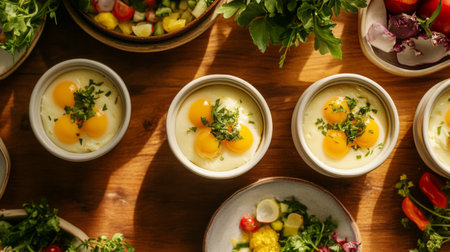 A vibrant display of fresh ingredients, including eggs and herbs, perfect for culinary enthusiasts. Bright colors and rustic bowls enhance the cooking experience.の素材