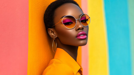 This vibrant fashion portrait showcases a confident model with striking makeup and trendy sunglasses against a colorful backdrop. Ideal for beauty and fashion themes.の素材