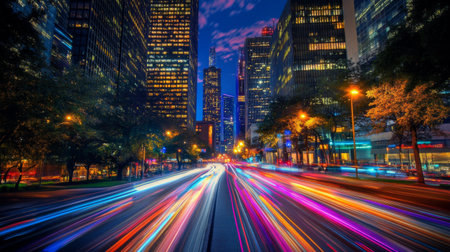 A stunning cityscape showcasing vibrant lights and motion blur at night. This photo captures the energy and beauty of downtown urban life, perfect for travel and city themes.の素材