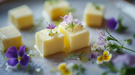 A visually appealing arrangement of butter cubes garnished with vibrant edible flowers, showcasing the beauty of culinary artistry in food presentation.の素材