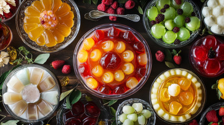 A vibrant display of assorted gelatin desserts adorned with fresh fruits. Perfect for parties or seasonal celebrations, this colorful arrangement delights the senses.の素材