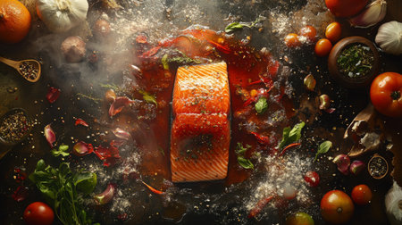 Vibrant salmon piece surrounded by fresh vegetables and spices, showcasing an artistic culinary presentation ideal for cooking enthusiasts and food photography.の素材
