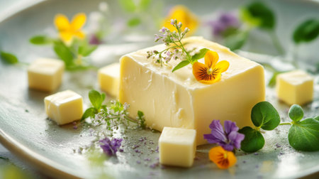 A block of creamy butter adorned with vibrant edible flowers and fresh herbs, perfect for culinary presentations and artistic food styling.の素材