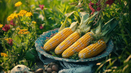 A beautiful arrangement of fresh corn cobs on a decorative plate, surrounded by vibrant flowers, showcasing a picturesque garden scene ideal for food lovers.の素材