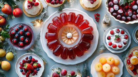 A vibrant spread of desserts featuring various jellies and fresh fruits, perfect for celebrations or gatherings, showcasing colorful and appetizing arrangements.の素材