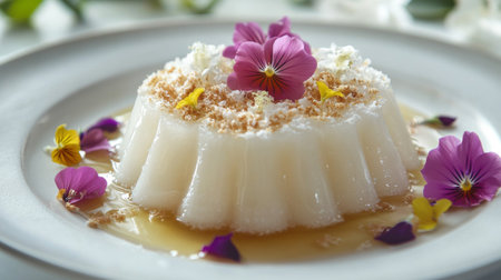 An elegant dessert featuring a creamy texture, adorned with vibrant edible flowers and a touch of sweetness, perfect for special occasions.の素材