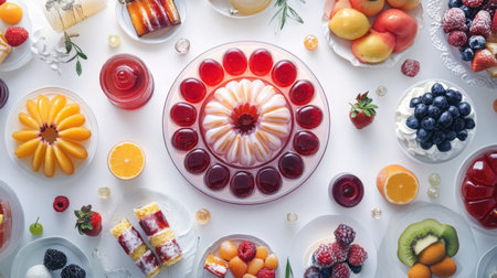 An enticing spread of various vibrant desserts featuring fruit, jelly, and sweet treats arranged beautifully on a white table, perfect for any celebration.の素材