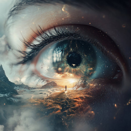 A mesmerizing eye reflects a surreal fantasy landscape, combining nature's beauty with dreamlike elements. Discover a world of imagination and inspiration.の素材