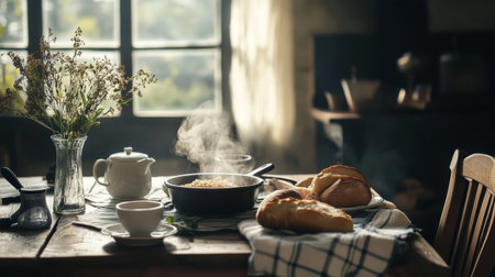 A cozy kitchen scene featuring fresh bread, steaming coffee, and a beautiful arrangement of flowers. Perfect for depicting warmth and comfort in culinary settings.の素材