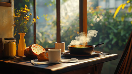 A cozy kitchen scene featuring a steaming pot, fresh bread, and a cup, illuminated by warm sunlight through the window, creating a peaceful atmosphere.の素材