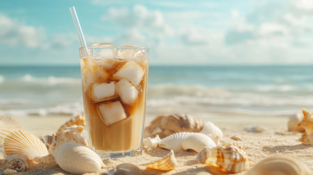 A refreshing drink with ice sits on a sandy beach surrounded by seashells. The tranquil ocean waves and sunny sky create a perfect atmosphere for relaxation.の素材