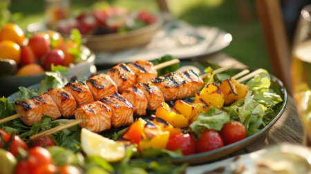 Delight in vibrant grilled salmon skewers served with a medley of fresh vegetables and fruits, perfect for outdoor gatherings and summer feasts.の素材