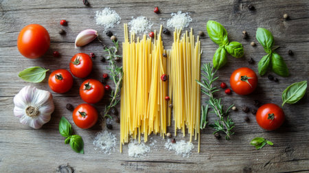A vibrant arrangement of fresh ingredients for pasta cooking, showcasing tomatoes, garlic, herbs, and spices on a rustic wooden table. Perfect for Italian cuisine.の素材