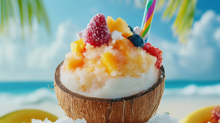 A vibrant and refreshing dessert featuring tropical fruits in a coconut bowl, perfect for summer enjoyment on the beach. Ideal for food lovers.の素材
