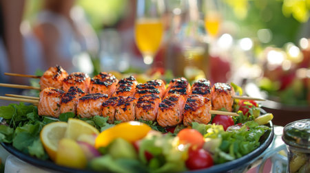 A vibrant display of grilled salmon skewers served on a fresh salad, perfect for outdoor dining or summer gatherings. Bursting with flavor and color.の素材