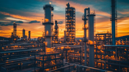 A captivating view of an industrial refinery at sunset, showcasing towering structures and intricate pipelines against a dramatic sky. The image captures the essence of modern energy production and engineering.の素材