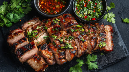 Deliciously grilled meat slices served with fresh herbs and vibrant sauces on a rustic wooden board, perfect for a gourmet dining experience.の素材