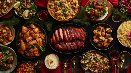 A vibrant festive banquet featuring a variety of culinary dishes served on a decorated table, perfect for celebrations and gatherings with family and friends.の素材