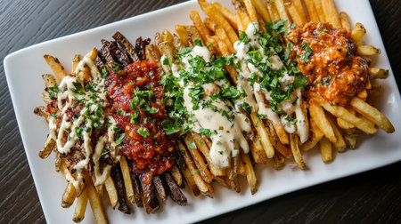 A tempting array of gourmet fries topped with vibrant sauces and fresh herbs, perfect for sharing as a delicious snack or side dish.の素材