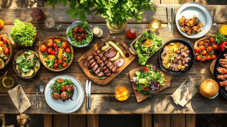 A vibrant outdoor feast featuring an array of grilled meats, fresh salads, and colorful vegetables arranged beautifully on a wooden table, perfect for a summer gathering.の素材