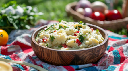 A vibrant potato salad made with fresh ingredients, featuring herbs and peppers, served in a rustic wooden bowl, perfect for outdoor gatherings.の素材