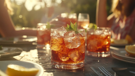 A vibrant outdoor scene featuring refreshing drinks in glasses filled with ice, perfect for summer gatherings with friends and family enjoying the warmth of the sun.の素材