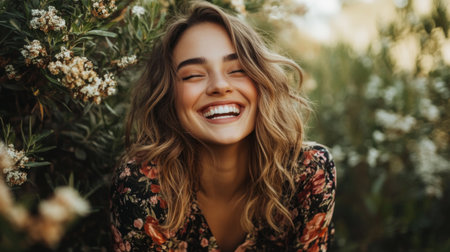 A joyful woman radiates happiness while surrounded by a beautiful floral garden. Her bright smile and relaxed demeanor capture the essence of carefree moments in nature.の素材