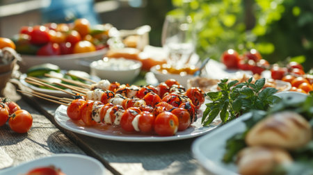 A vibrant outdoor dining scene featuring grilled cherry tomatoes on skewers. Fresh ingredients and lively colors create a perfect summer meal atmosphere.の素材