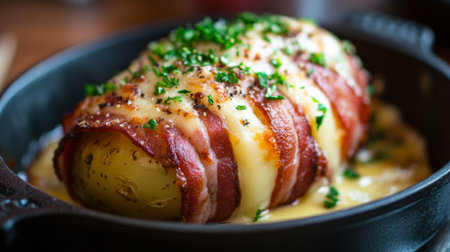 A mouthwatering baked potato wrapped in crispy bacon with melted cheese and fresh herbs presented in a rustic cast iron skillet. Perfect for comfort food lovers.の素材