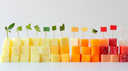 A vibrant display of colorful cheese and jello cubes topped with fresh greens and flags, perfect for a party or event table. Engaging and fun!の素材