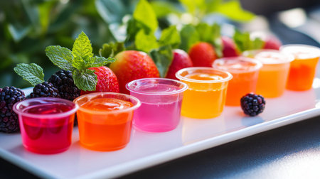 A vibrant platter showcasing colorful gelatin cups alongside fresh berries and mint leaves, perfect for a summer party or cheerful gathering.の素材
