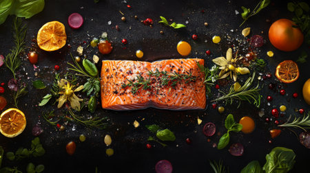 A vibrant top view of fresh salmon fillet surrounded by colorful herbs, spices, and citrus, perfect for culinary presentations and gourmet dishes.の素材