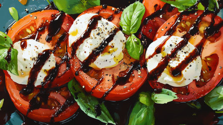 A vibrant plate of fresh tomato and mozzarella salad drizzled with balsamic, showcasing basil and olive oil for a healthy, appetizing dish.の素材
