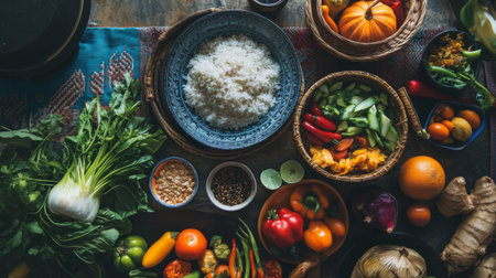 A vibrant arrangement of fresh ingredients on a kitchen table, showcasing rice, colorful vegetables, and fruits. Perfect for culinary inspiration.の素材