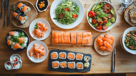 A visually appealing spread of sushi and fresh salad, showcasing vibrant colors and textures. Perfect for a dining or food photography concept.の素材