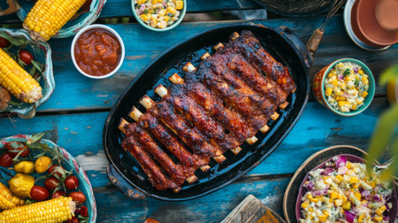 Succulent barbecue ribs served on a vibrant wooden table, surrounded by fresh sides like corn and salad, perfect for any outdoor gathering or feast.の素材