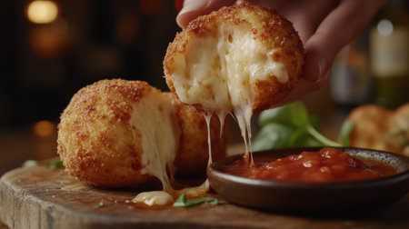 Savor the deliciousness of crispy cheese balls with gooey mozzarella inside, served with rich marinara sauce. Perfect for sharing or as a snack.の素材