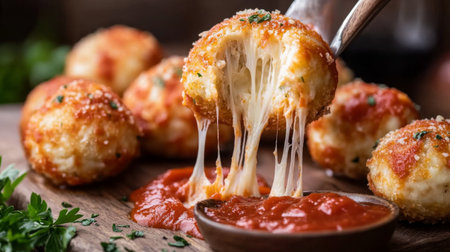 Indulge in these delicious cheesy bread balls served with marinara sauce. Perfect as an appetizer or snack, these warm treats are ideal for gatherings.の素材