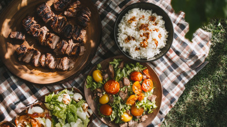 Enjoy a vibrant outdoor picnic showcasing grilled meat, fresh salads, and fluffy rice, all arranged beautifully on a picnic blanket in a sunny setting.の素材