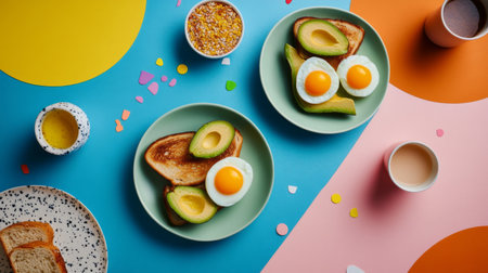 A vibrant and colorful breakfast display featuring avocado, eggs, and toast on a playful table arrangement with cheerful decor, perfect for a meal setting.の素材