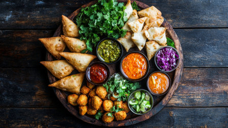 An enticing Indian snack platter featuring crispy samosas, vibrant dips, and fresh herbs. Perfect for gatherings, showcasing rich flavors and textures.の素材