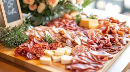 A vibrant charcuterie board featuring an array of meats, cheeses, and fresh herbs, perfect for gatherings and celebrations. Elevated presentation with elegant floral accents.の素材