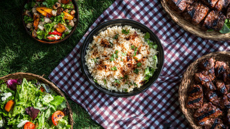 A vibrant outdoor picnic scene featuring a variety of delicious dishes, including rice, fresh salads, and grilled beef, set on a plaid blanket.の素材