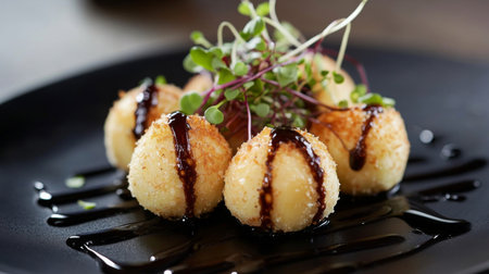 Delightful gourmet bite-sized appetizers beautifully presented on a plate, drizzled with sauce and garnished with fresh herbs for an elegant dining experience.の素材