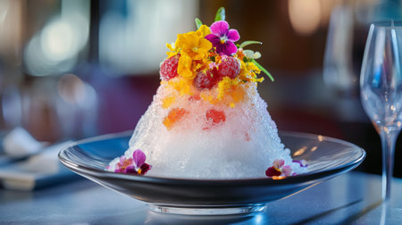 A stunning frozen dessert featuring vibrant fruits and edible flowers, elegantly presented on a sleek black plate, perfect for summer gatherings or gourmet menus.の素材