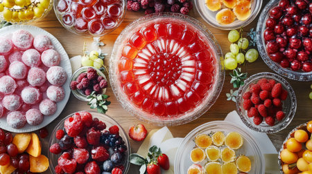 A vibrant display of fresh fruits and delightful desserts, featuring an array of berries, jellies, and colorful treats arranged beautifully for a festive occasion.の素材